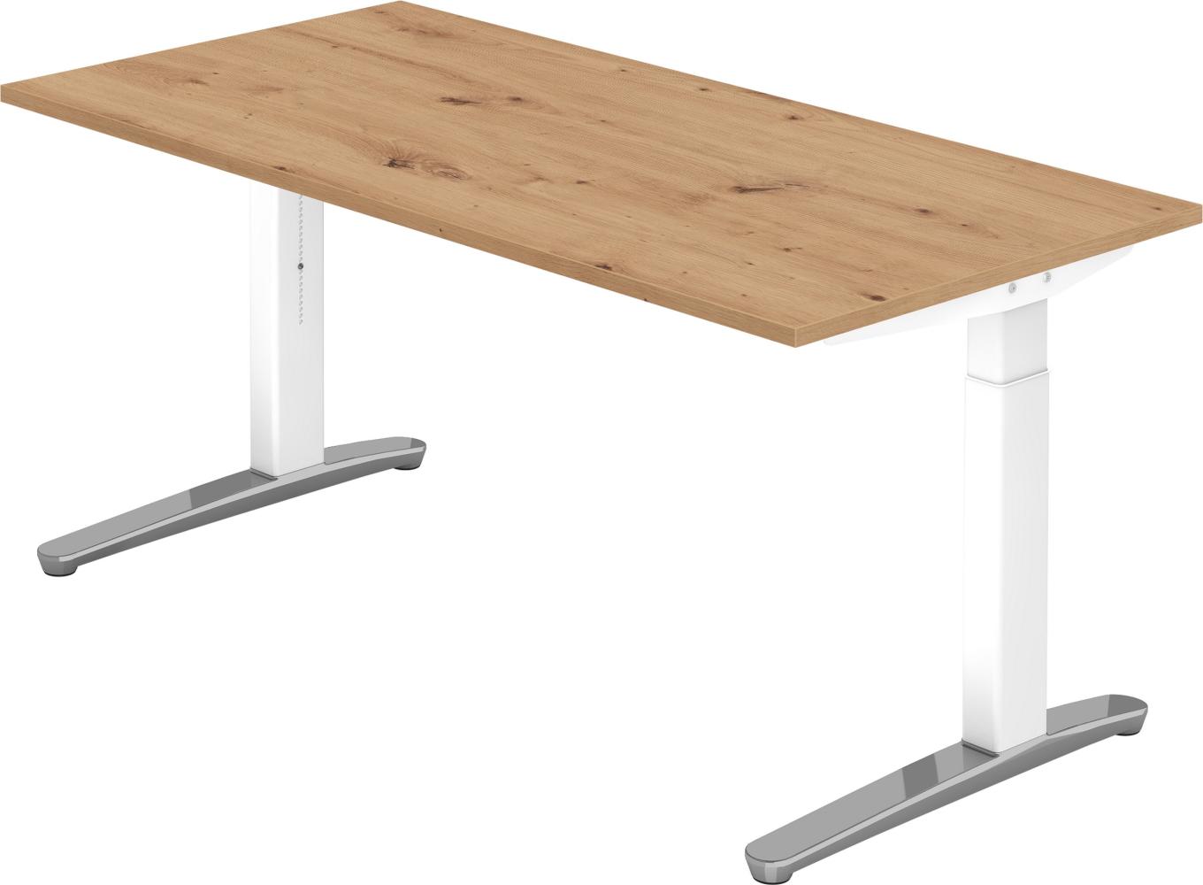 bümö manuell höhenverstellbarer Schreibtisch 160x80 in Asteiche, Gestell in weiß/alu - PC Tisch höhenverstellbar & groß, höhenverstellbarer Tisch Büro, großer Computertisch verstellbar, X16-R-WC Bild 1