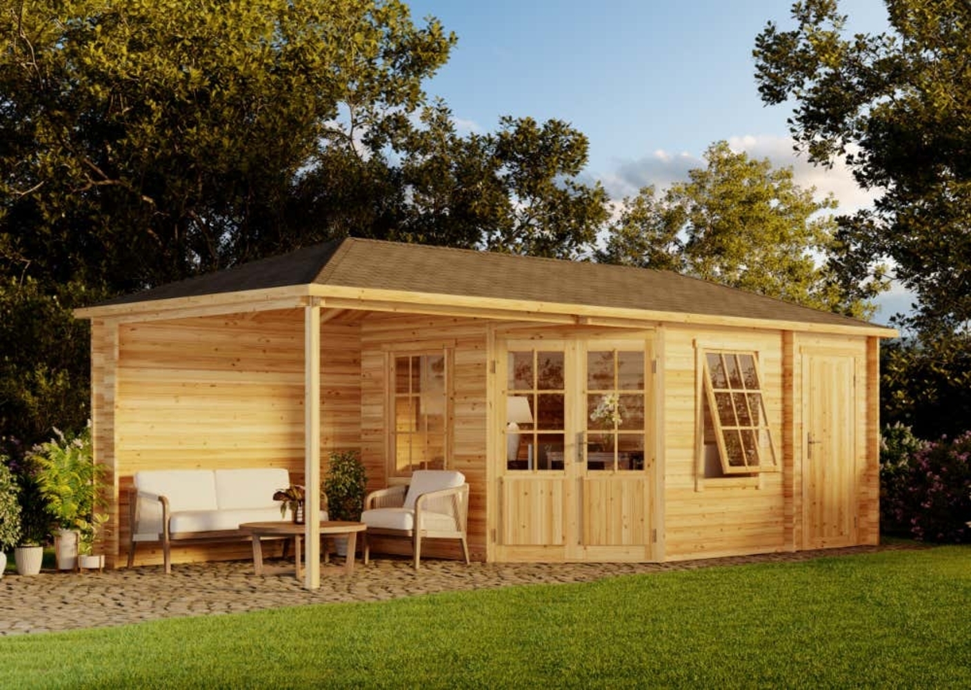 Alpholz 5-Eck Gartenhaus Modell Rhein-40 mit Anbau Gartenhaus aus Holz in Braun Holzhaus mit 40 mm Wandstärke inklusive Terrasse Blockbohlenhaus mit Montagematerial Bild 1