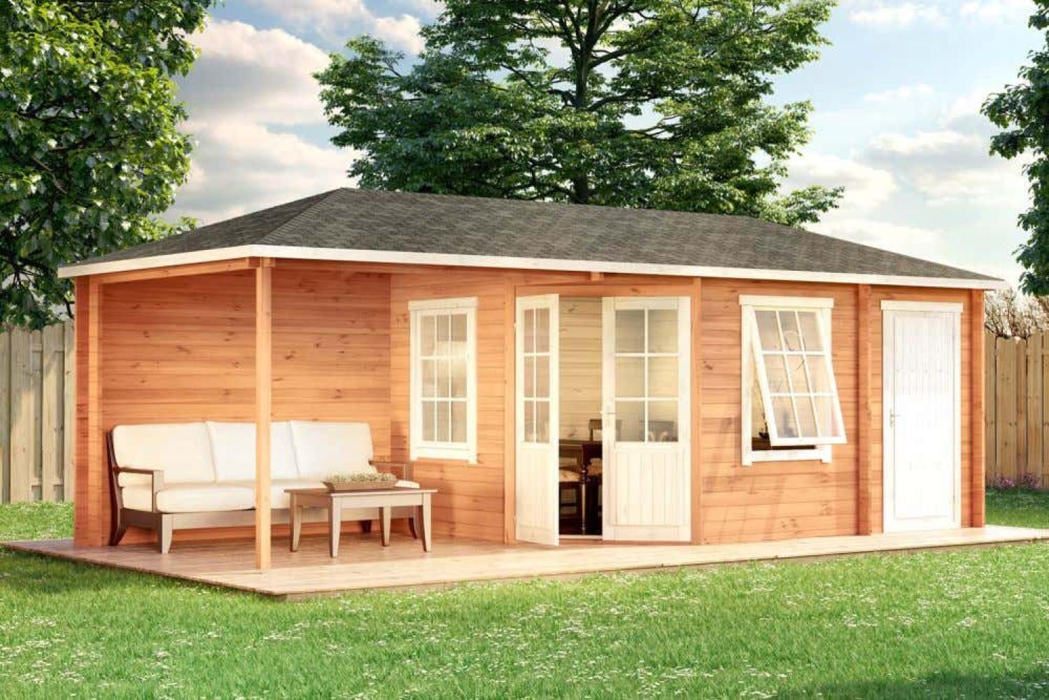 Alpholz 5-Eck Gartenhaus Modell Rhein-40 mit Anbau Gartenhaus aus Holz in Braun Holzhaus mit 40 mm Wandstärke inklusive Terrasse FSC zertifiziert Blockbohlenhaus mit Montagematerial Bild 1