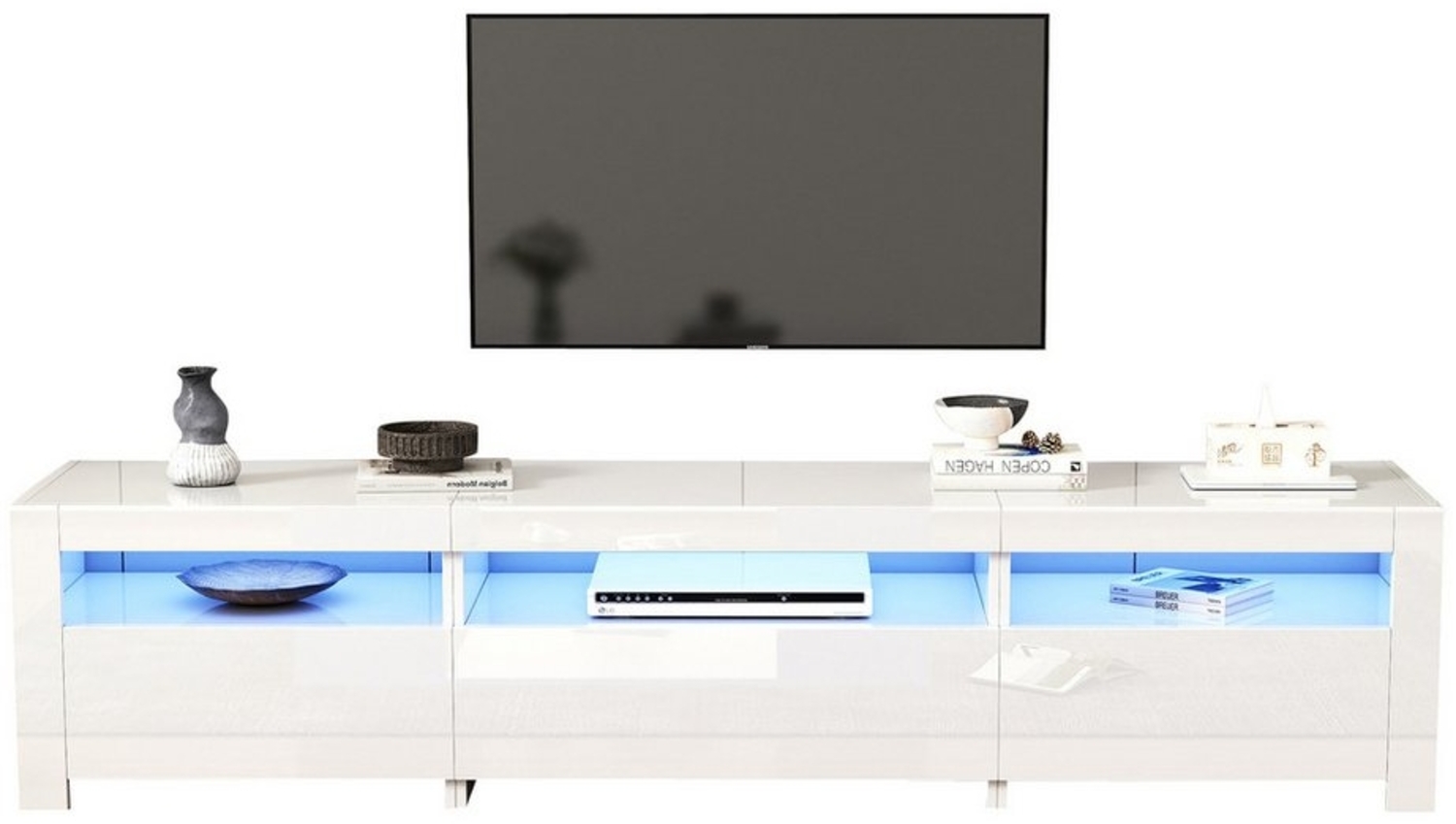 HAUSS SPOLE Lowboard Hochglanz mit LED-Beleuchtung und Stauraum für 80-Zoll-Fernseher Weiß (TV-Unterschrank, Fernsehtisch,TV-Board, 1 St, 3 offene Fächer, 3 Klapptür), mit LED-Beleuchtung, herunterklappbarer Schranktür Bild 1