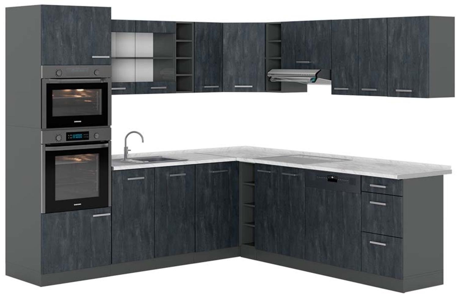 Vicco Einbauküche in L-Form Schwarz Beton/Anthrazit 237 x 247 cm AP Marmor, R-Line Bild 1