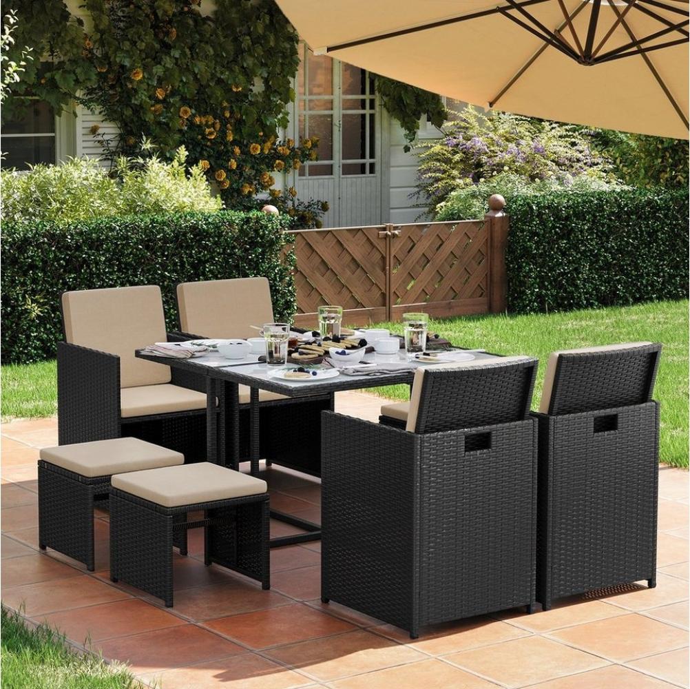 Songmics Gartenlounge-Set, (9-tlg), Tisch, 4 Stühle und 4 Hocker, mit Kissen Bild 1