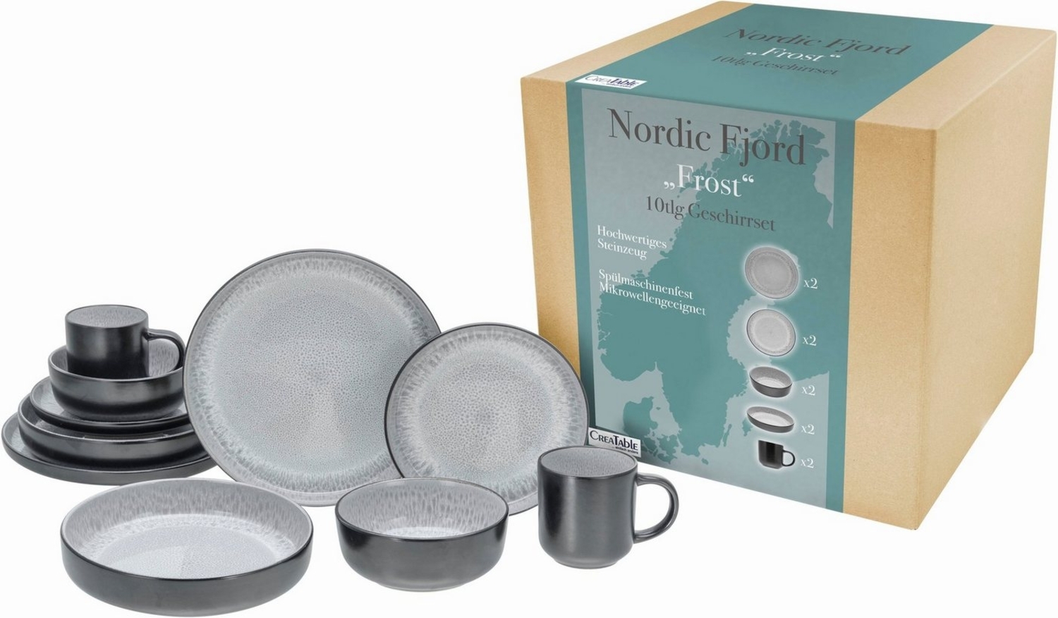 CreaTable Kombiservice Nordic Fjord (10-tlg), 2 Personen, Steinzeug, je 2 Speiseteller, Suppenteller, Dessertteller, Schalen, Kaffeebecher Bild 1