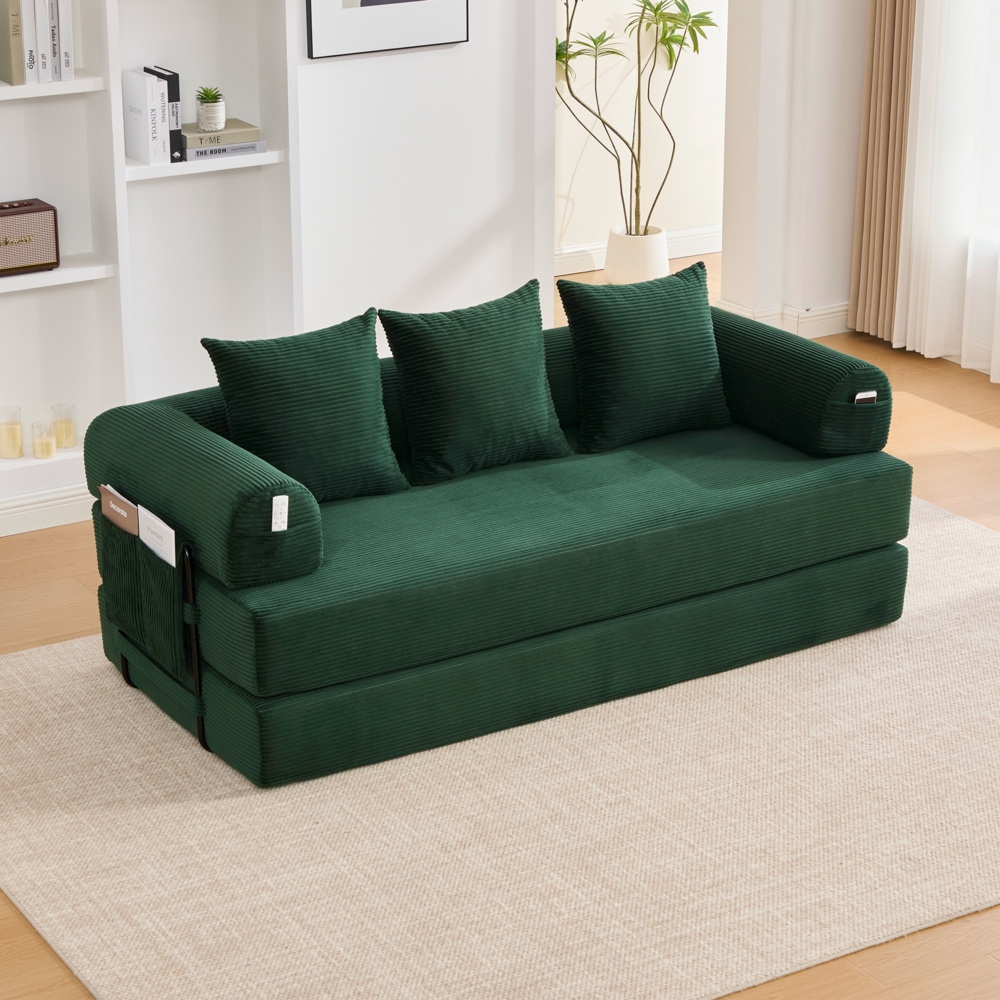 Flieks 2-Sitzer Sofa, Schlafsofa Zusammenlegbares Kompressionssofa mit robustem Metallrahmen, Seitentaschen plus 3 Kissen, Emerald Bild 1
