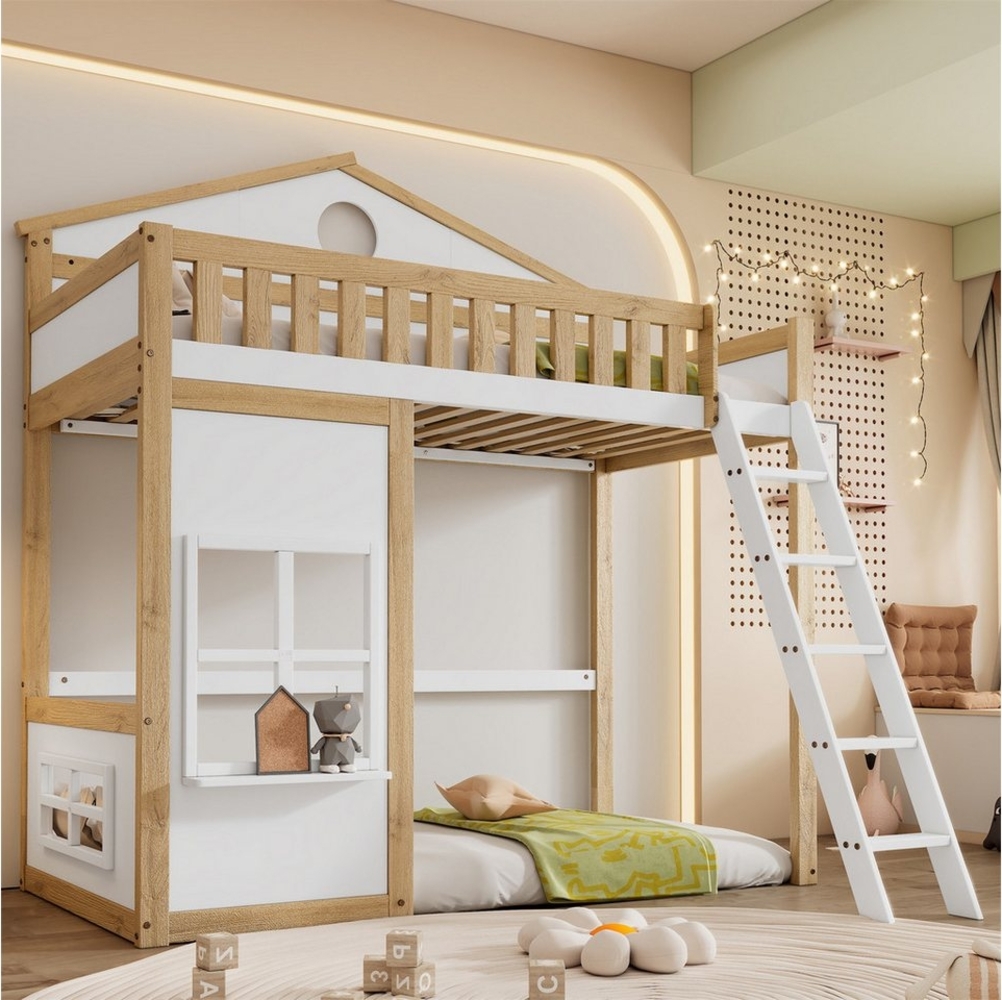 autolock Etagenbett Etagenbett, Kinderbett mit Treppe, Weiß+Natur, 90x200cm Bild 1