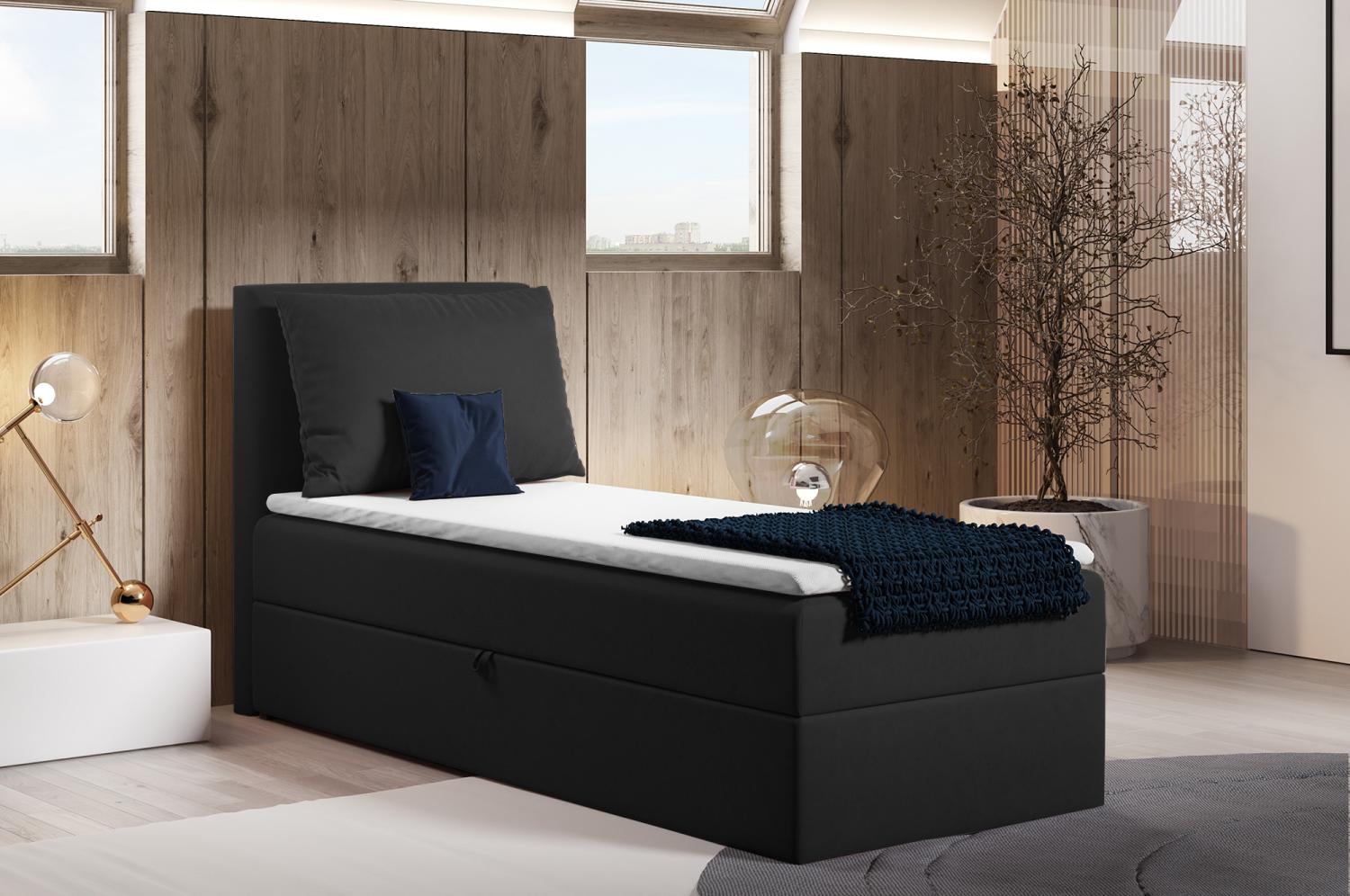 Boxspringbett Egro Mini mit Bettkasten und Kissen - Einzelbett mit Bonell-Matratze und Topper, Polsterbett (Schwarz (Kronos 07), 80 x 200 cm) Bild 1