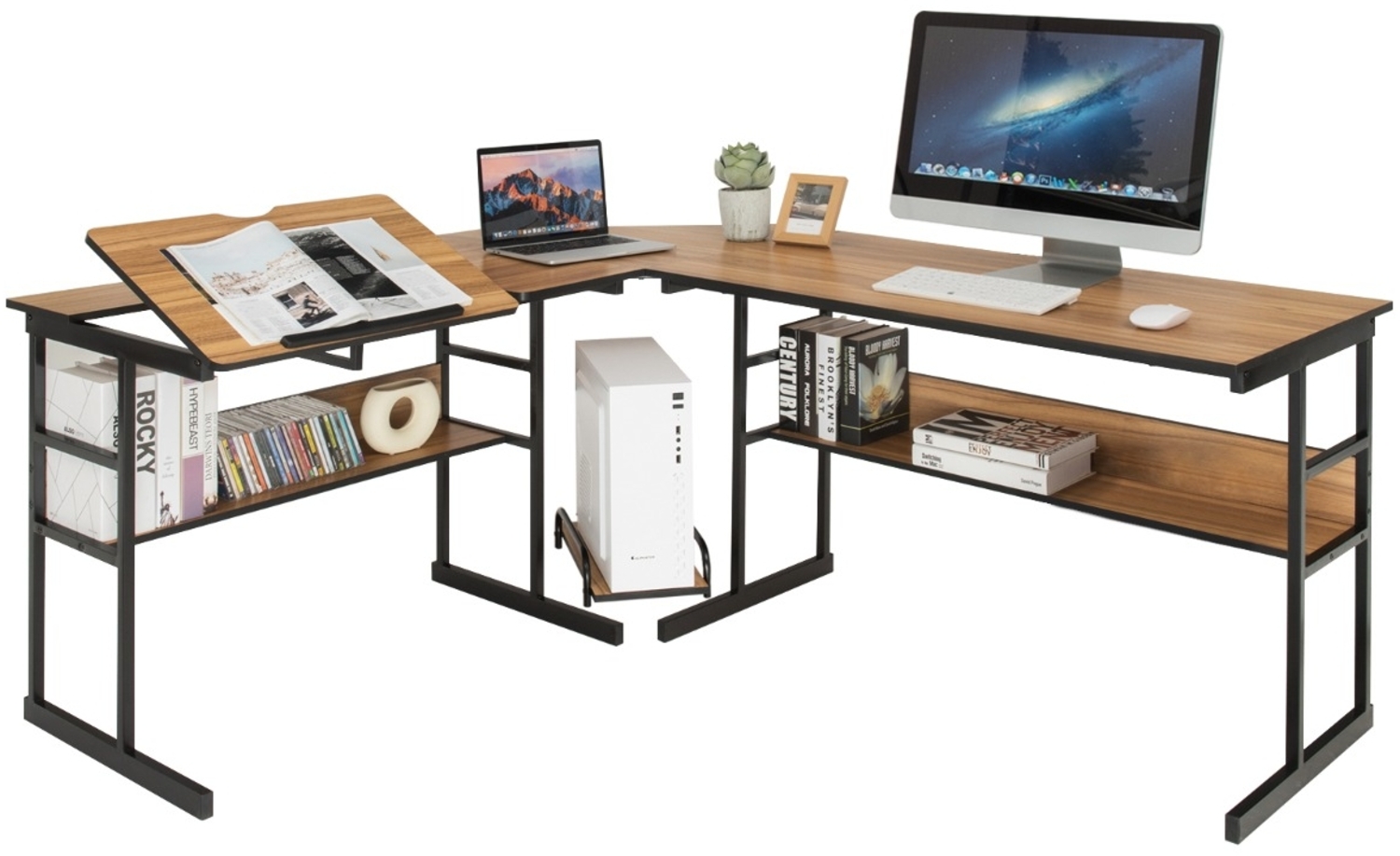 L-förmiger Schreibtisch mit neigbarer Tischplatte unterem Bücherregal & CPU-Ständer Zeichentisch Computertisch 170 x 150 x 75 cm Walnuss Bild 1