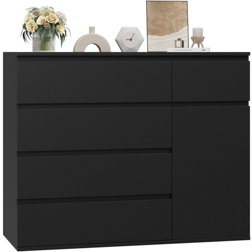 Homfa Kommode, schwarz mit 5 Schubladen und 1Tür, Sideboard 100x80x40cm Bild 1