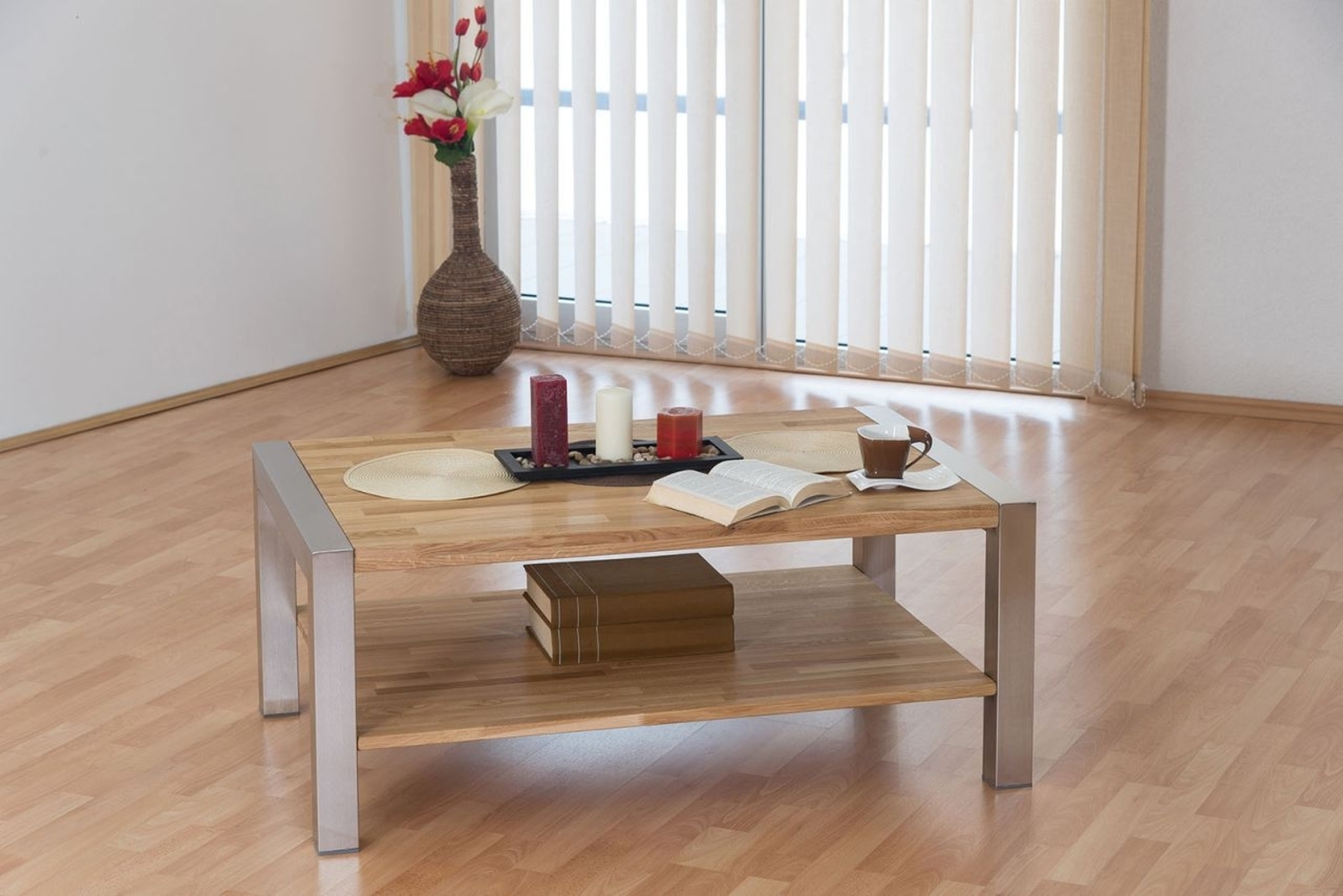 Couchtisch LEON Massivholz Buche mit Edelstahlkufen Größe 110x70 cm Bild 1