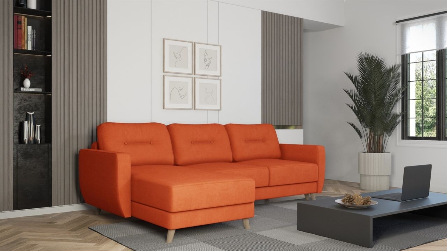 Ecksofa mit Schlaffunktion MARLIES Stoff Opera Velvet Orange Ottomane Links Bild 1