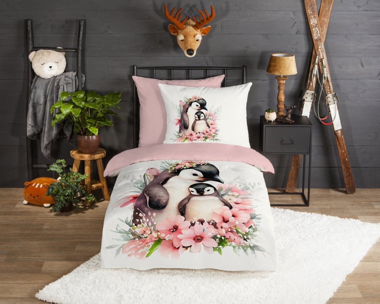 good morning Kinderbettwäsche Penny, Biber, Flanell, 2 teilig, Flanell Biber, 135x200, Warm, Reißverschluss, Wende, Mädchen, Pinguin Bild 1