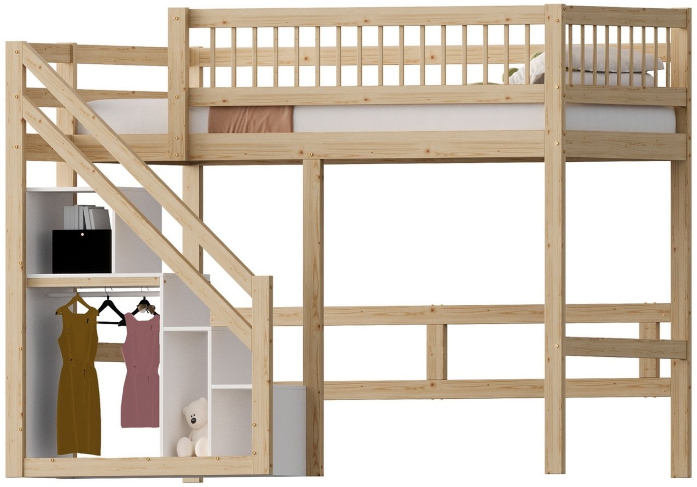 SeedWave Hochbett Holzbett mit Stauraumtreppe und Massivholzrahmen,140x200 cm/90x200 cm Kinderbett mit Kleiderschrank, Hochbett für Kinder und Jugendliche Bild 1