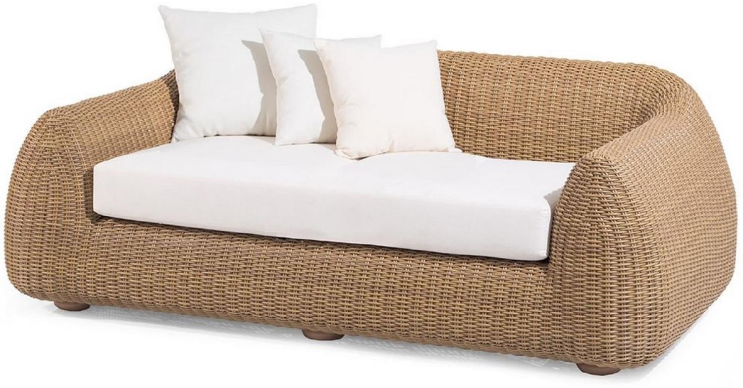 Casa Padrino Luxus Gartensofa Naturfarben / Weiß 196 x 124 x H. 72 cm - Handgewebtes wetterbeständiges Sofa mit Kissen - Moderne Garten Möbel - Hotel Möbel Bild 1