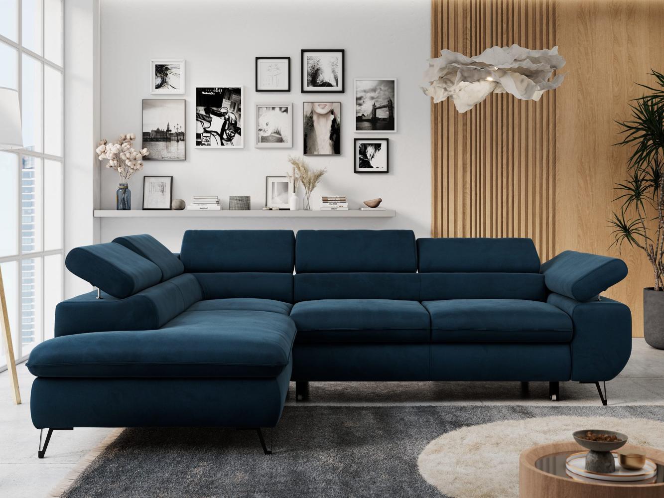 Ecksofa mit Bettfunktion, Modern Sofa, L-form, Einstellbare Kopfstützen, Bettkasten, PETER, 1x Ecksofa, 1x Topper, Dunkelblau, Velours, links Bild 1