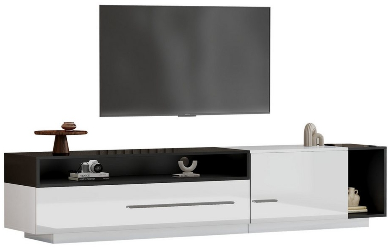 HAUSS SPLOE Lowboard Hochglanz-TV-Board TV-Schrank mit Schublade, Tür und offenem Fach Weiß (TV-Board, TV-Kommode, Fernsehtisch, 1 St, 1 Schublade, 1 Tür und 2 offenem Fach), für Fernseher bis 70 Zoll Bild 1