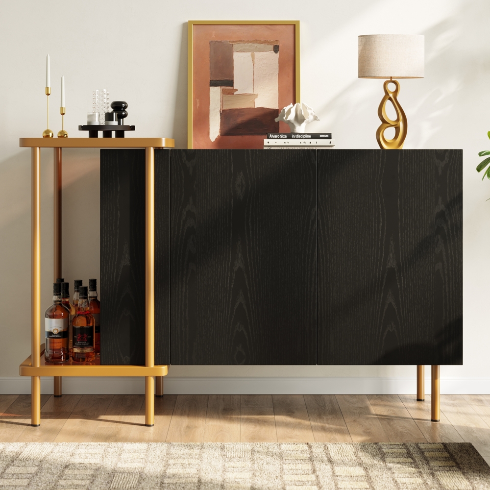 Moderner weißer Sideboard-Schrank, mit 2 Türen und 2 offenen Fächern, Couchtisch aus Metall/Glas, Schwarz, Metall/Glas, Schwarz, 120 x 40 x 77,5 cm Bild 1