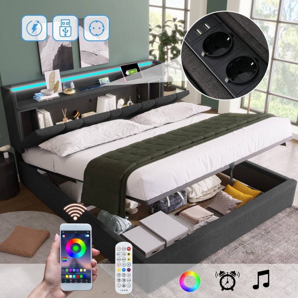 MODFU Polsterbett Doppelbett mit aufladen USB Ladefunktion (Stauraumkopfteil LED-Beleuchtung, Stauraum-Kopfteil und LED-Beleuchtung) Bild 1