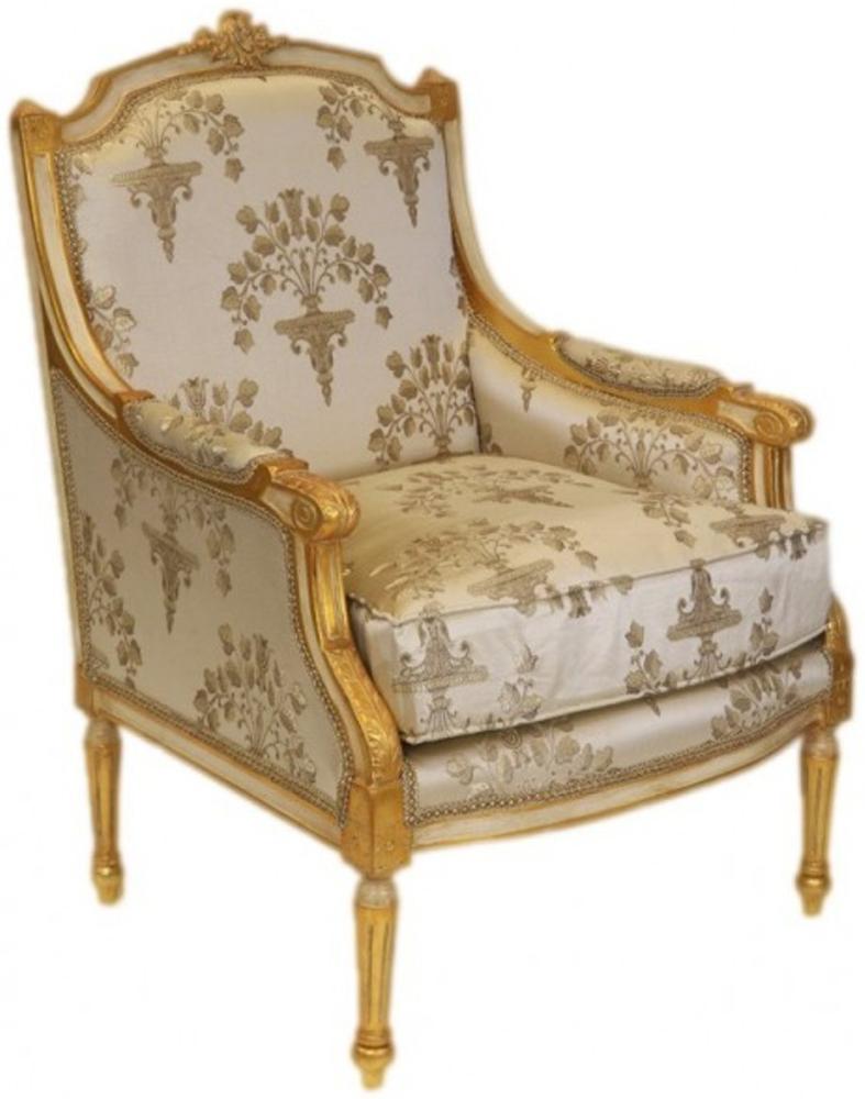 Casa Padrino Barock Lounge Thron Sessel Empire Creme Muster / Gold - Ohren Sessel - Ohrensessel Tron Stuhl Bild 1