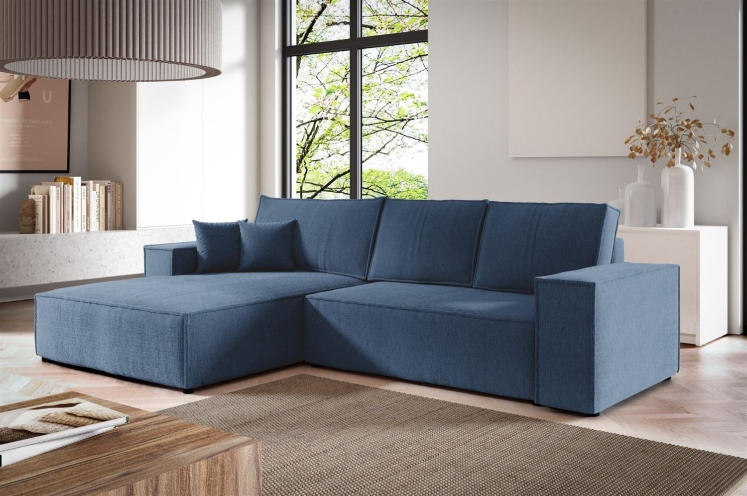 Ecksofa Schlafsofa CORUNIA Stoff Aragon Blau Ottomane Links Bild 1