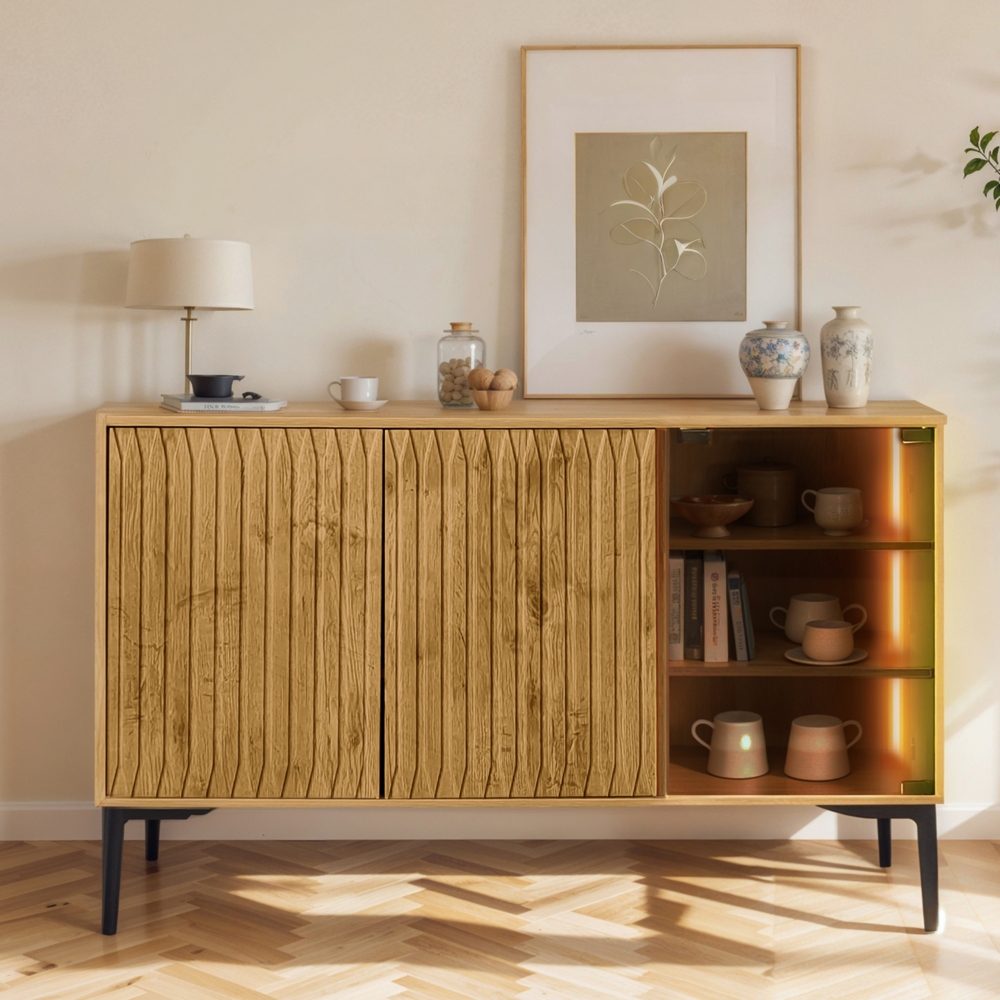 Merax Badezimmerschrank, 120 cm Sideboard, mit Lichtleiste, Glastür , Holz Bild 1