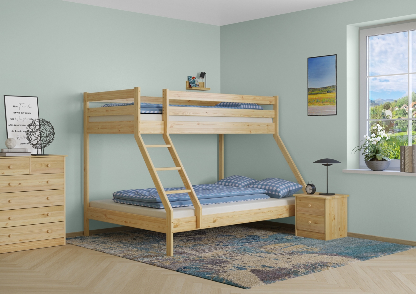 Erst-Holz Doppel-Etagenbett 140x200 und 90x200 Erwachsenen-Stockbett Kiefer Massivholz natur 60. 19-09-14 Bild 1