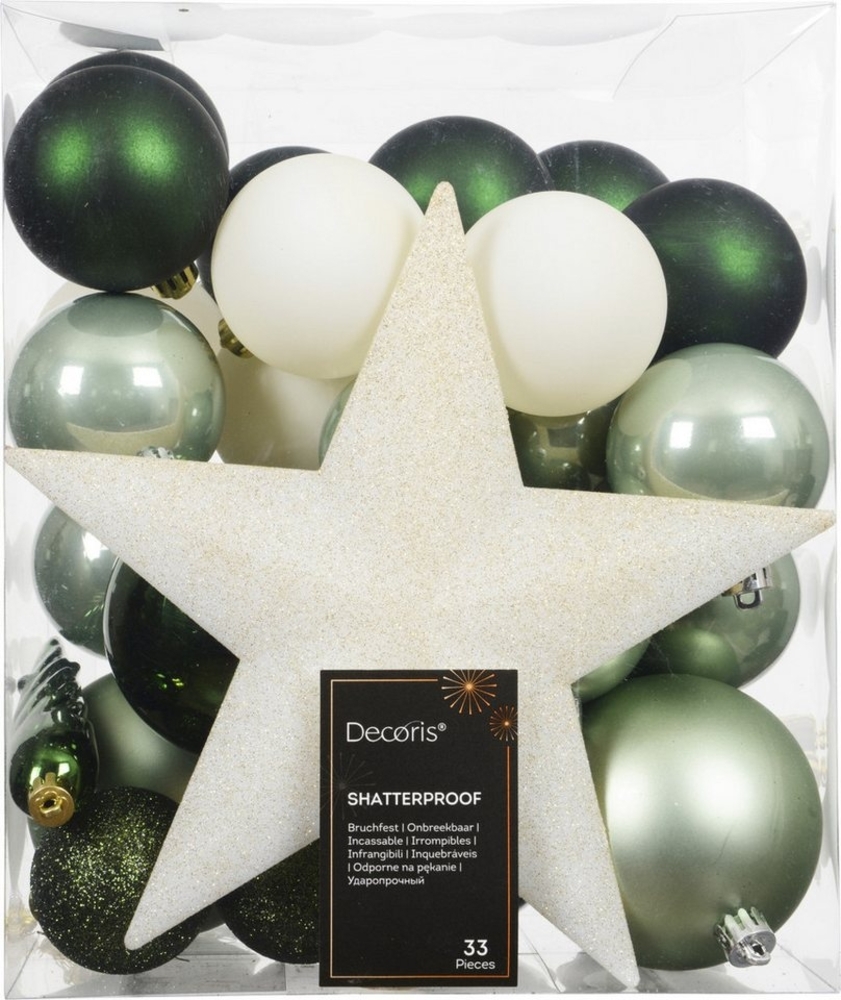 Decoris Weihnachtskugeln mit Christbaumspitze aus Kunststoff bruchsicher Ø 5, 6, 8 cm grün-beige 33 Stück Bild 1