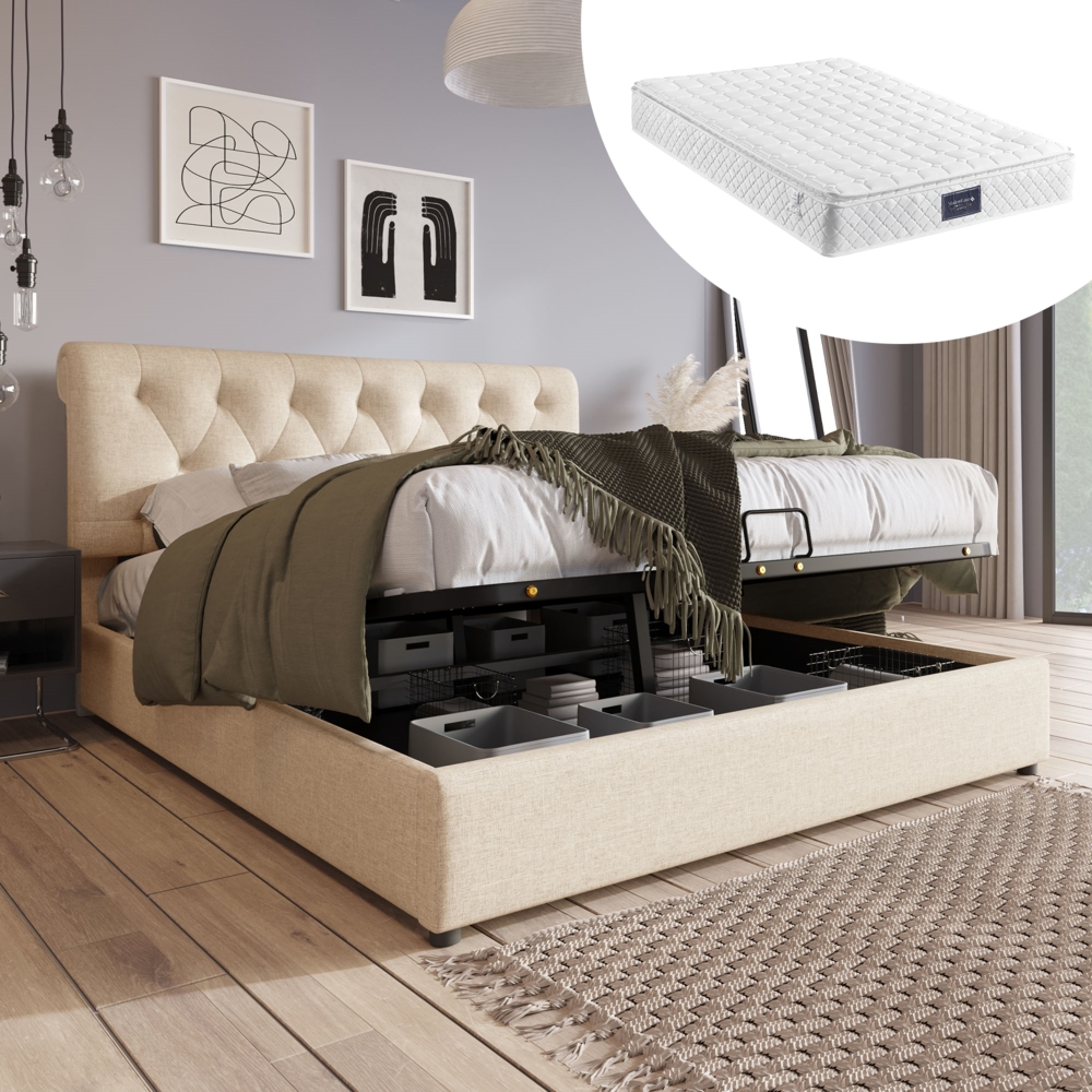 Polsterbett 160x200 cm mit Bettkasten und hydraulischem Lattenrost, höhenverstellbares Kopfteil, Stauraumbett aus Leinen,inklusive Matratze Bild 1