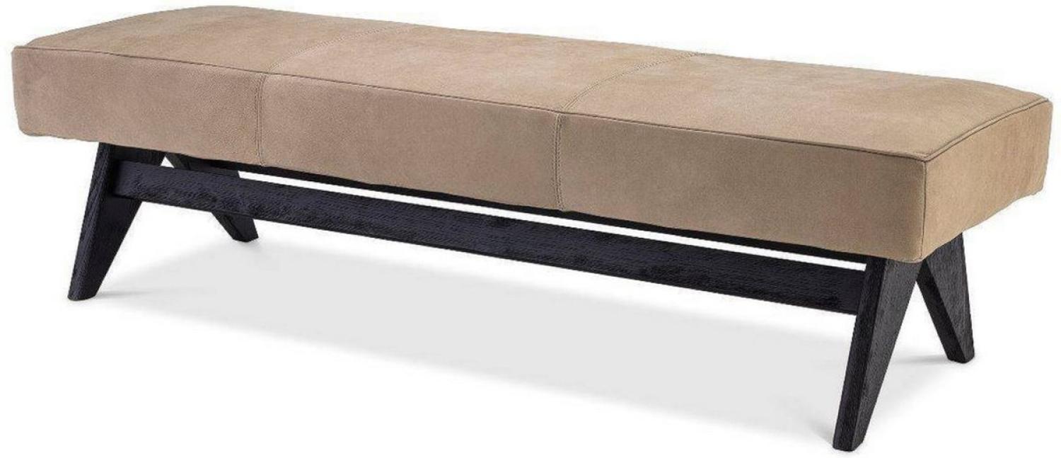 Casa Padrino Luxus Echtleder Bank Beige / Schwarz 164 x 54 x H. 44 cm - Gepolsterte Massivholz Sitzbank mit edlem Nubuk Büffelleder - Luxus Möbel Bild 1