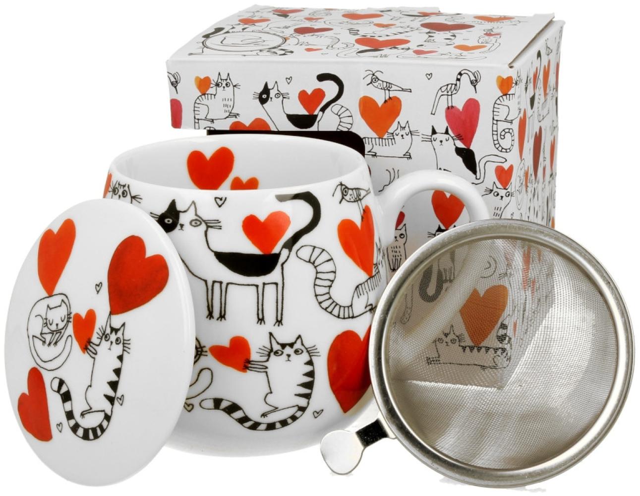 DUO ANIMALS Fassbecher 430 ml CAT’S WORLD – HEARTS mit Teesieb, New Bone China Porzellan Bild 1