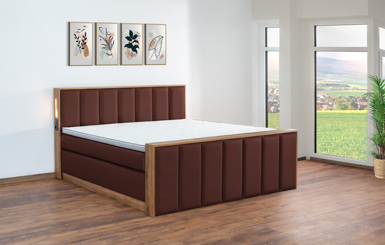 Meisterbetten Boxspringbett Sely mit Holzdekor Eiche Cognac 240x200 in LM-Hellbraun, Matratzenbezug Nano, Midisoft-Topper, mit Fussteil Bild 1