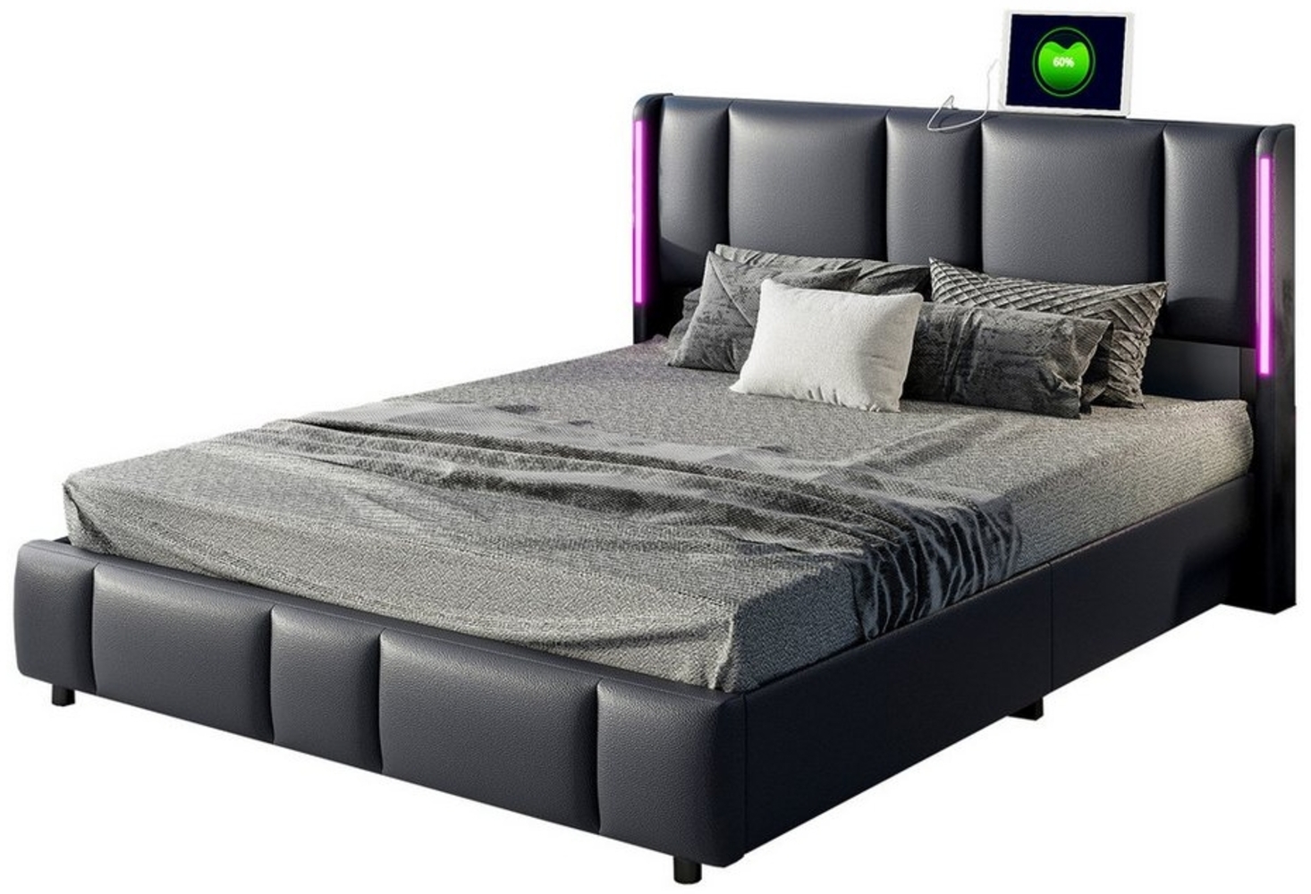 FUROKOY Polsterbett Hydraulisches Doppelbett Kunstleder Stauraumbett, mit USB-Anschluss und LED 160x200cm Bild 1