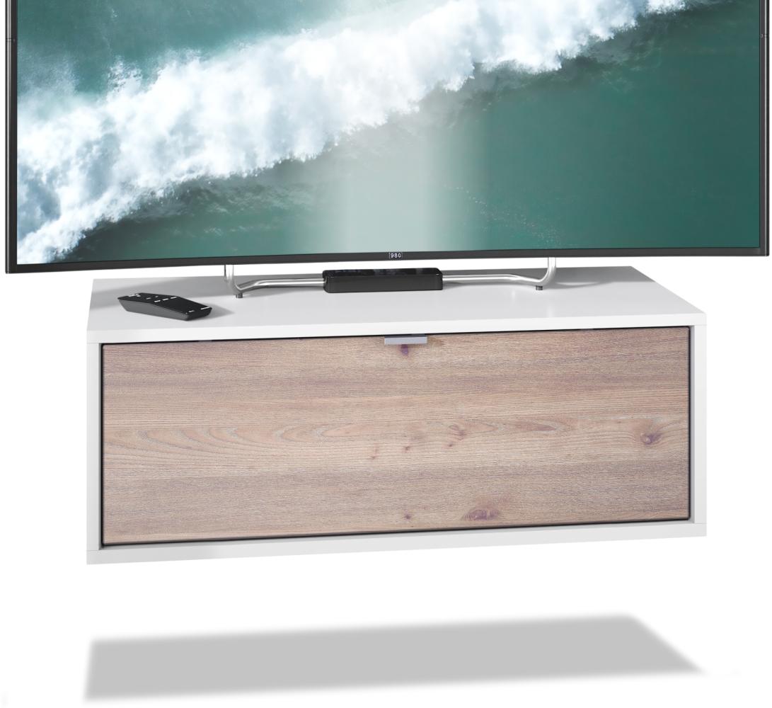 TV Board Lana 80 Hängeschrank Lowboard 80 x 29 x 37 cm, Korpus in Weiß Matt, Fronten in Eiche Nordic Bild 1