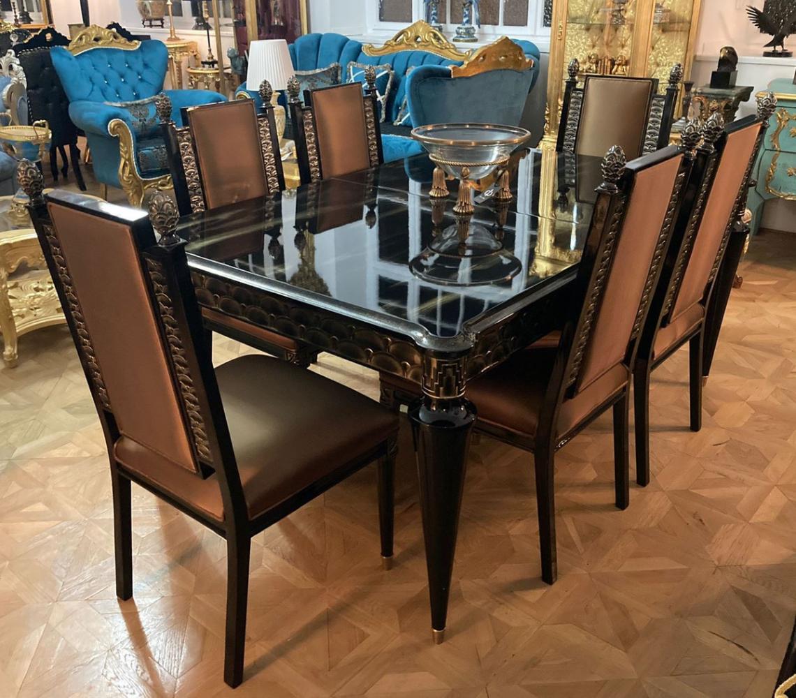 Casa Padrino Luxus Barock Esszimmer Set Gold / Schwarz - 1 ausziehbarer Barock Esstisch & 6 Barock Esszimmerstühle - Barock Esszimmer Möbel - Luxus Möbel im Barockstil - Edel & Prunkvoll Bild 1