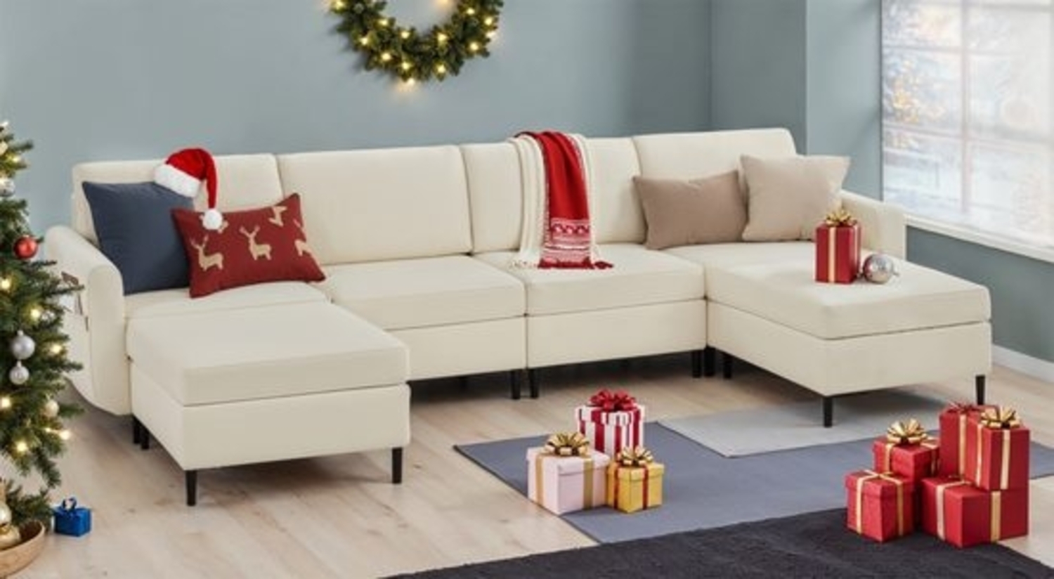 VASAGLE Ecksofa 6-Sitzer, L-förmiger Couch mit Armlehnen, Stoff cremeweiß, 150 x 308 x 85,6 cm Bild 1