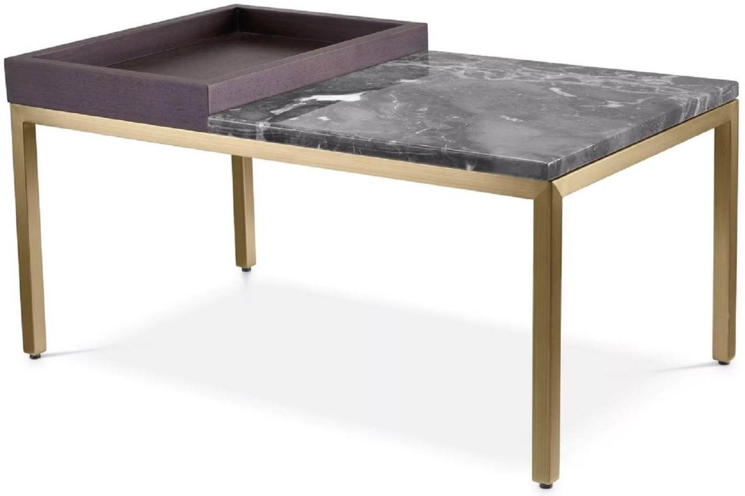 Casa Padrino Luxus Beistelltisch Messing / Braun / Grau 70 x 40 x H. 35 cm - Rechteckiger Messing Tisch mit Walnuss Furnier und Marmorplatte - Wohnzimmer Möbel - Luxus Möbel - Luxus Einrichtung Bild 1