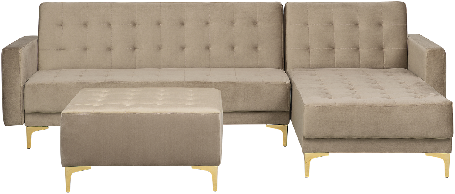 Schlafsofa Samtstoff sandbeige linksseitig mit Ottomane ABERDEEN Bild 1