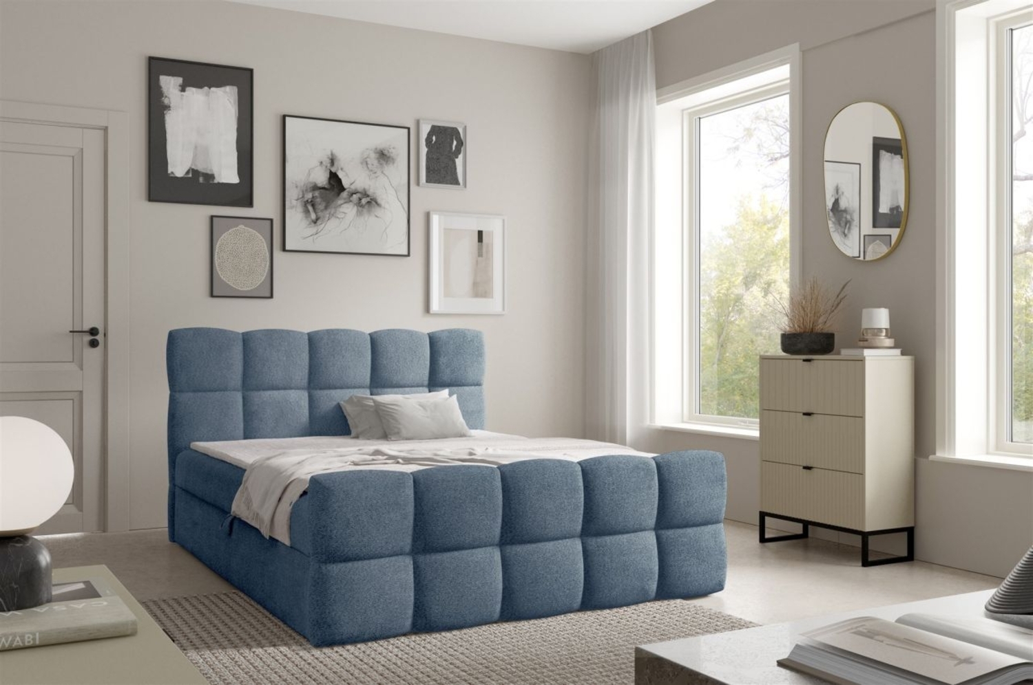 Boxspringbett Schlafzimmerbett SATINE PREMIUM 160x220cm Stoff Coral Himmelblau Bild 1