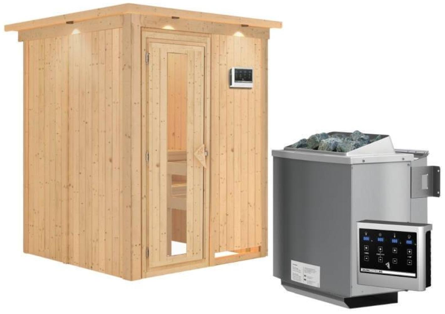 Karibu Sauna Norin mit Dachkranz + 9kW Saunaofen mit ext. Steuerung Easy Graphit-Ganzglastür Bild 1