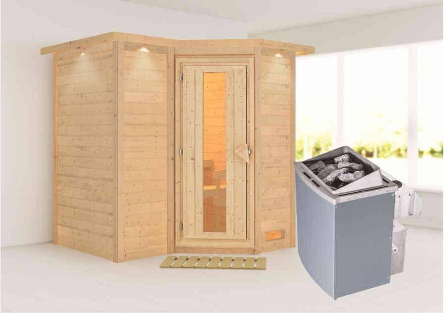 Karibu Sauna Sahib 1 mit Dachkranz + 9kW Saunaofen mit integr. Steuerung Klarglas Ganzglastür Bild 1