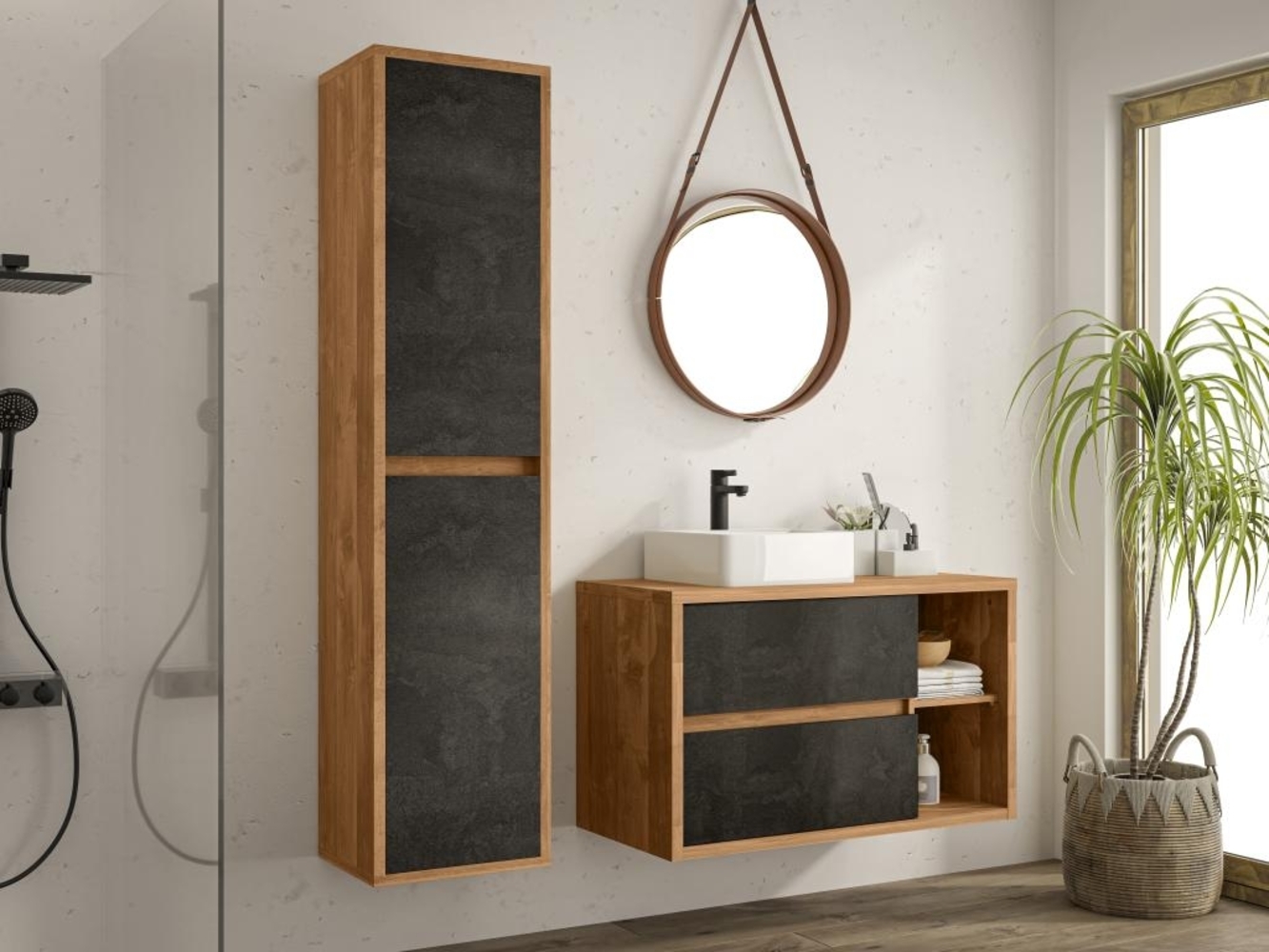 Vente-unique - Waschbeckenunterschrank hängend mit Einzelwaschbecken & vertikalem Schrank - Holzfarben & Anthrazit - 100 cm - TIKITIKI Bild 1