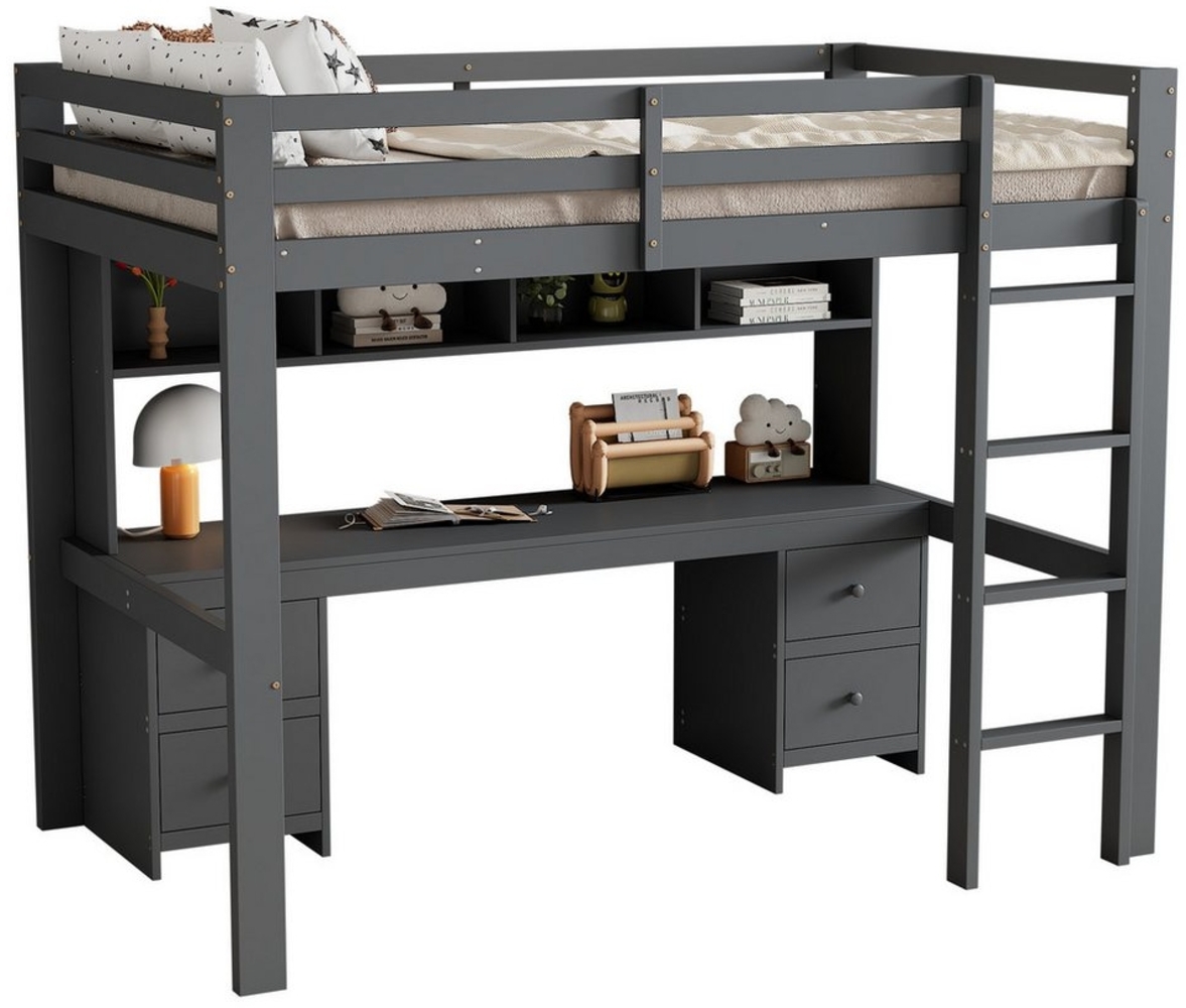SOFTWEARY Hochbett mit Lattenrost und Schreibtisch (90x200 cm) Kinderbett mit Rausfallschutz, Holzbett Bild 1