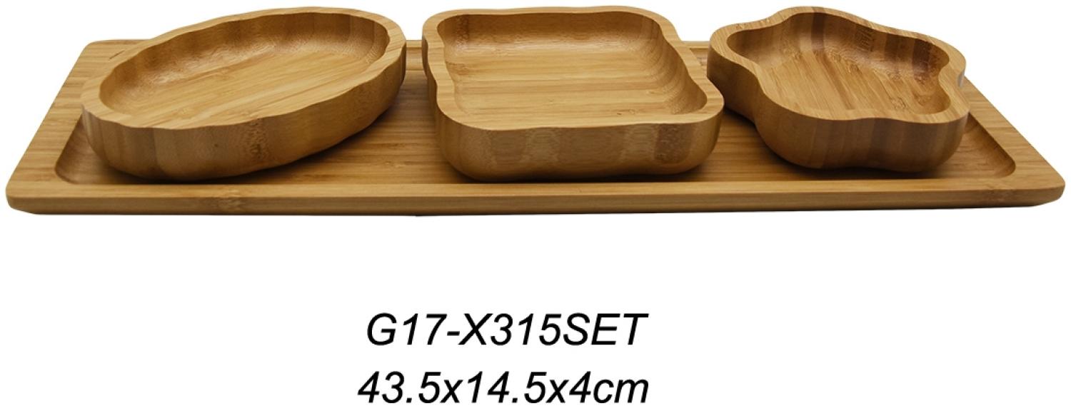 Schäfer Bambus Bambusbrett 43,5 x 14,5 x 4 cm Snackschalen 4er Set St. Trapez Servier-Schale für Snacks, Dipps, Nüsse Bild 1