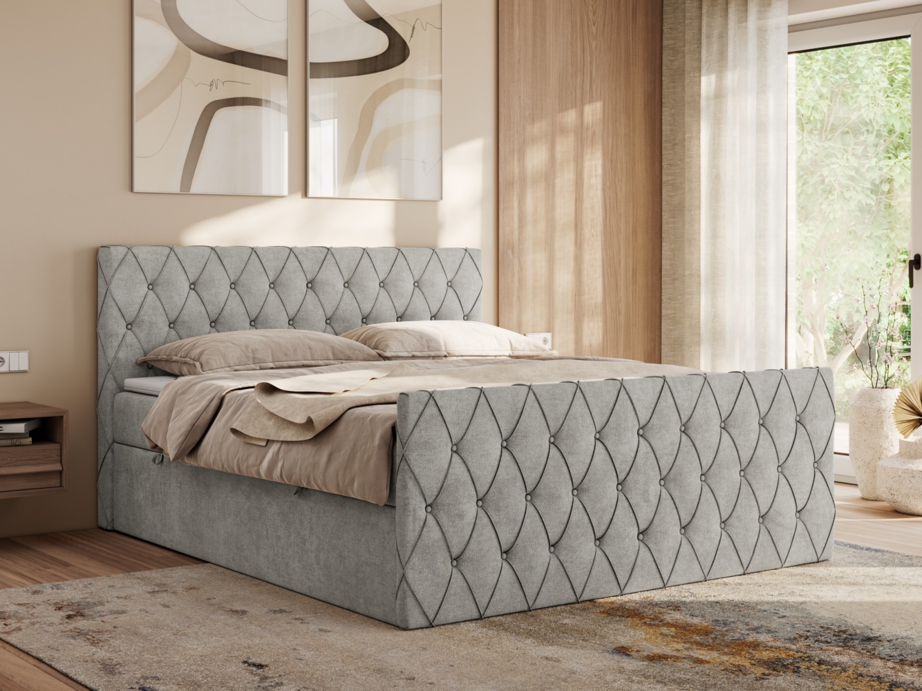 Boxspringbett mit gesteppter Front und Kopfteil, Multipocket-Matratze, zwei Bettkästen - MIREN DUO - 200 x 200 cm - Hellgrau Stoff - H3 Bild 1