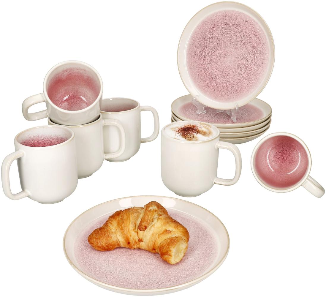 12tlg Frühstücksset Reactive Glaze Paris Steingut 6 Personen Teller Becher Pink Bild 1