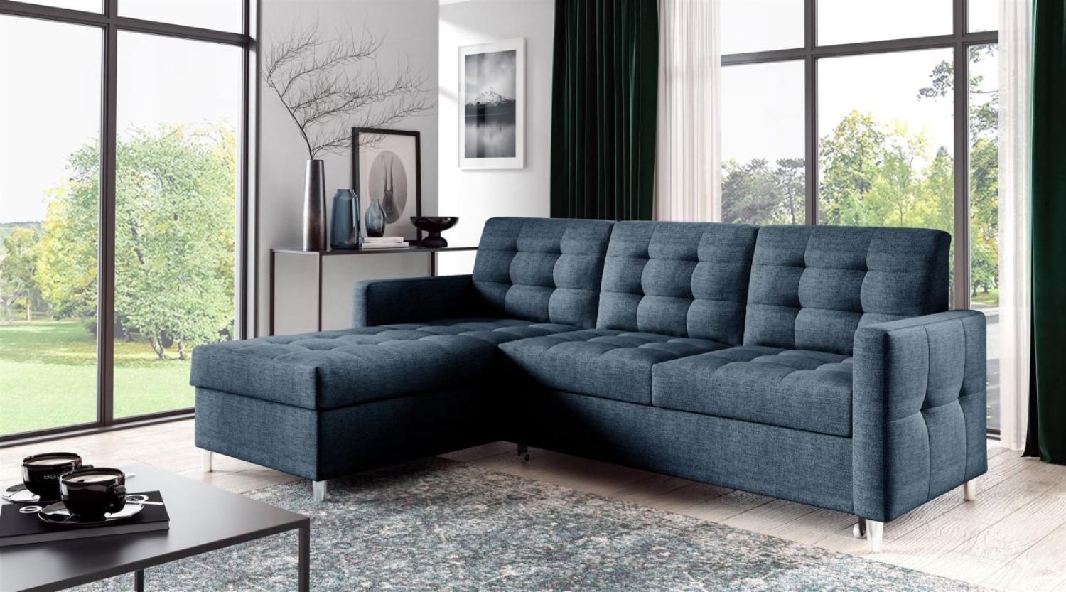 Ecksofa Sofa NURI Stoff Luis Blau mit Schlaffunktion Ottomane Links Bild 1