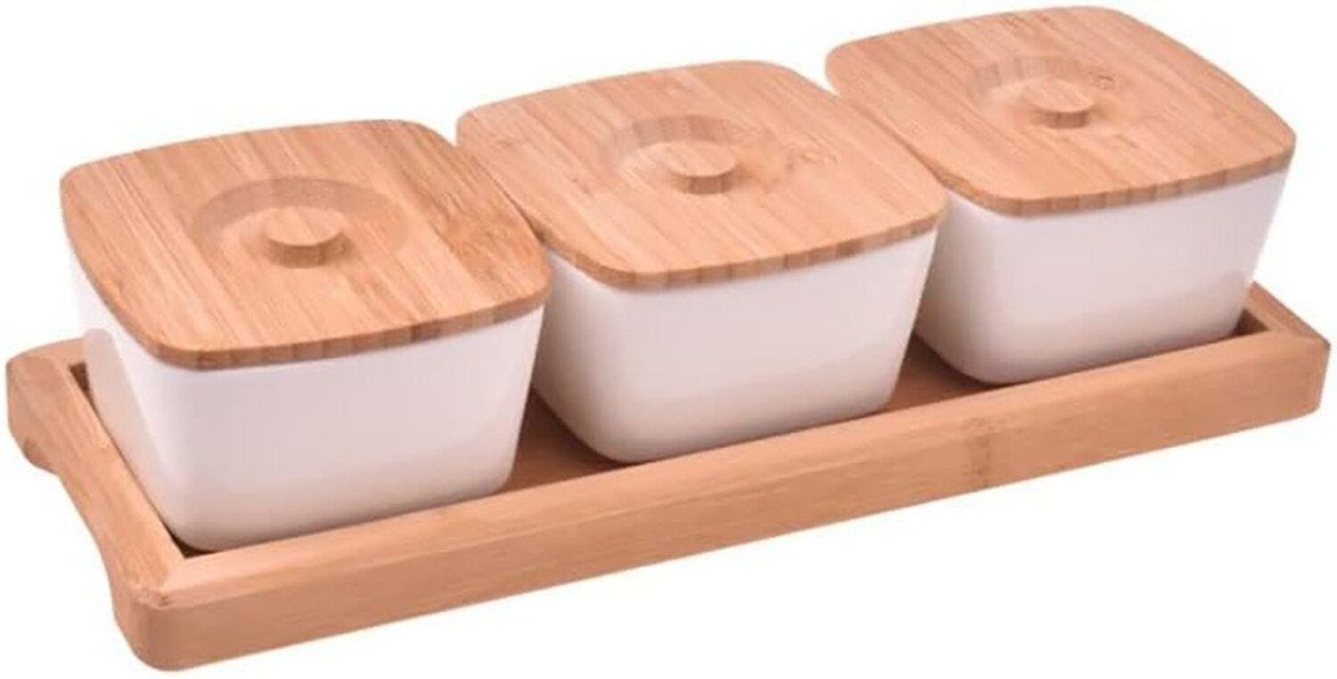 hausleben Dipschale Dipschalen Set mit 3 Schälchen + 3 Bambusdeckel und Tablett aus Bambus, (1-tlg), Tablett aus Bambus Bild 1