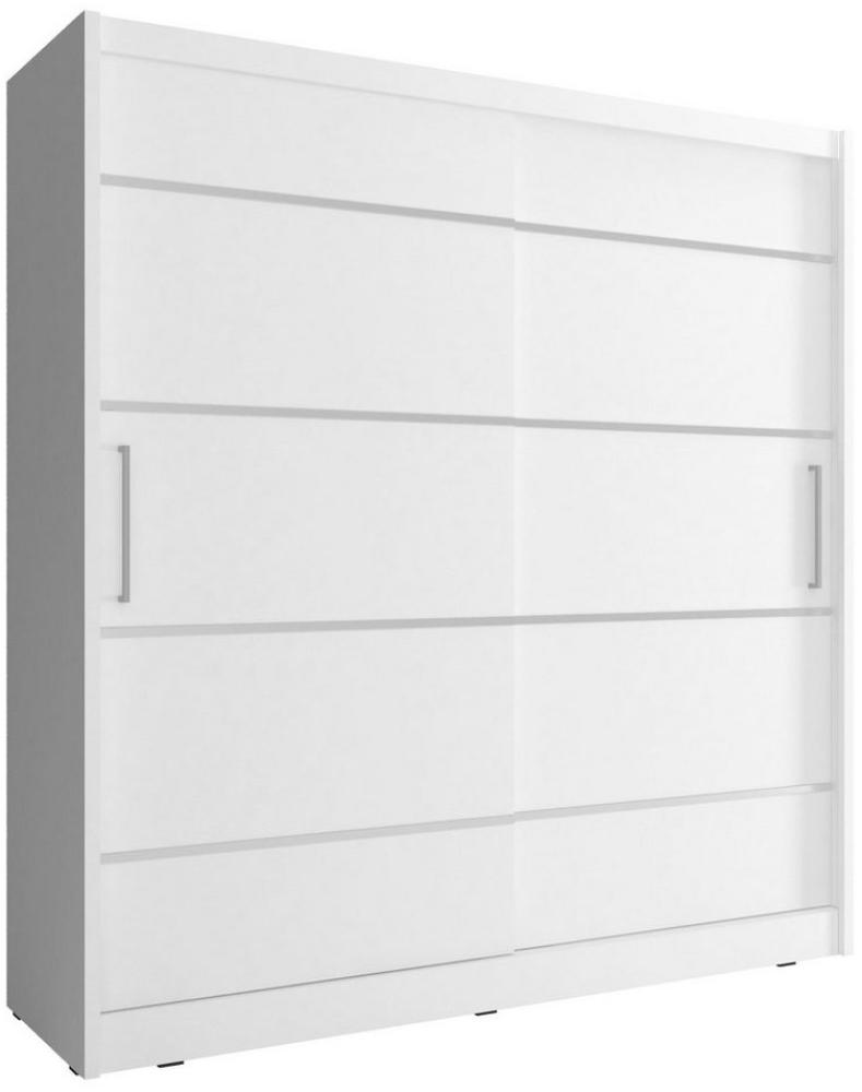 MOEBLO Kleiderschrank BORNEO ALU (Wohnzimmerschrank 2-türig Schrank Gaderobe Schiebtüren, Dekorative Aluminiumleisten, Schwebetürenschrank mit Einlegeböden und Kleiderstange) - (BxHxT): 180/200x200/214x62 cm Bild 1