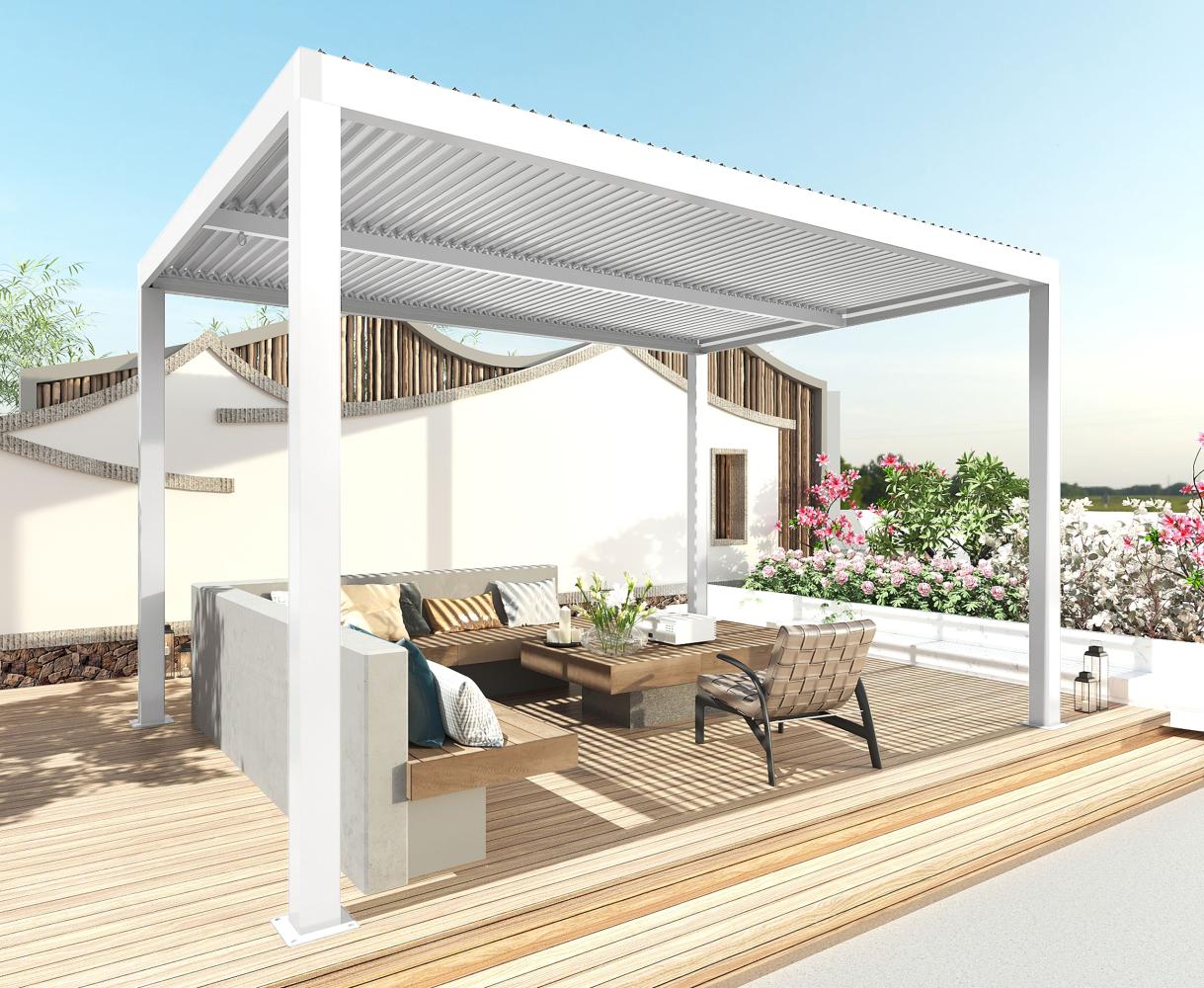 Pergola HWC-L46, Gartenpavillon Lamellen-Pavillon, 11cm-Aluminium-Gestell, Regenrinne sturmfest, 3x3m ~ weiß Bild 1