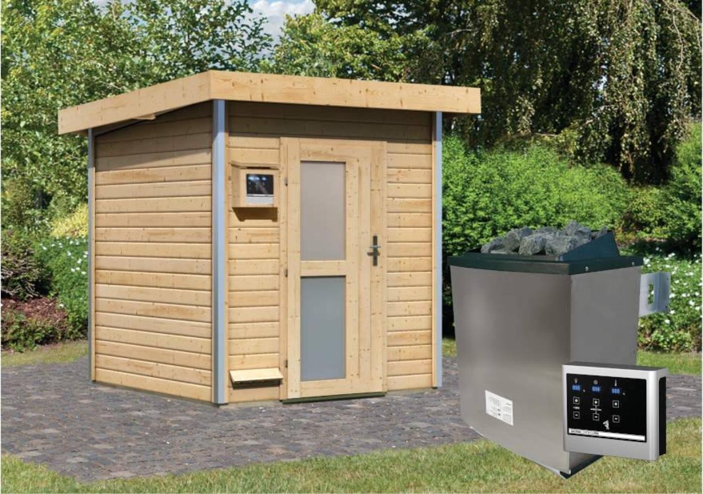 Karibu Sauna Torge naturbelassen + 9 kW Saunaofen mit ext. Steuerung Easy Moderne Tür Bild 1