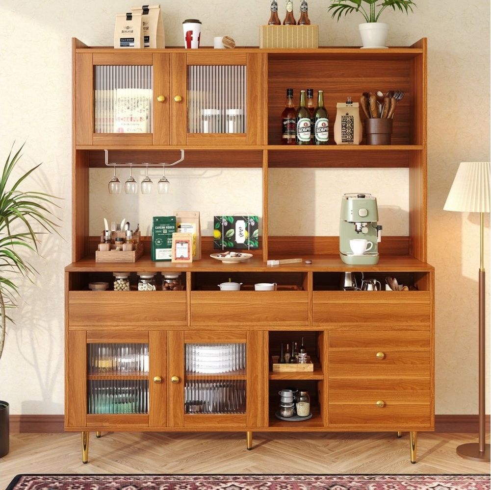 Flieks Hochschrank Küchenbuffet (145x39x171 cm, 1-St) Küchenschränke mit Arbeitsplatte, Glastüren und Schubladen Sideboard Bild 1